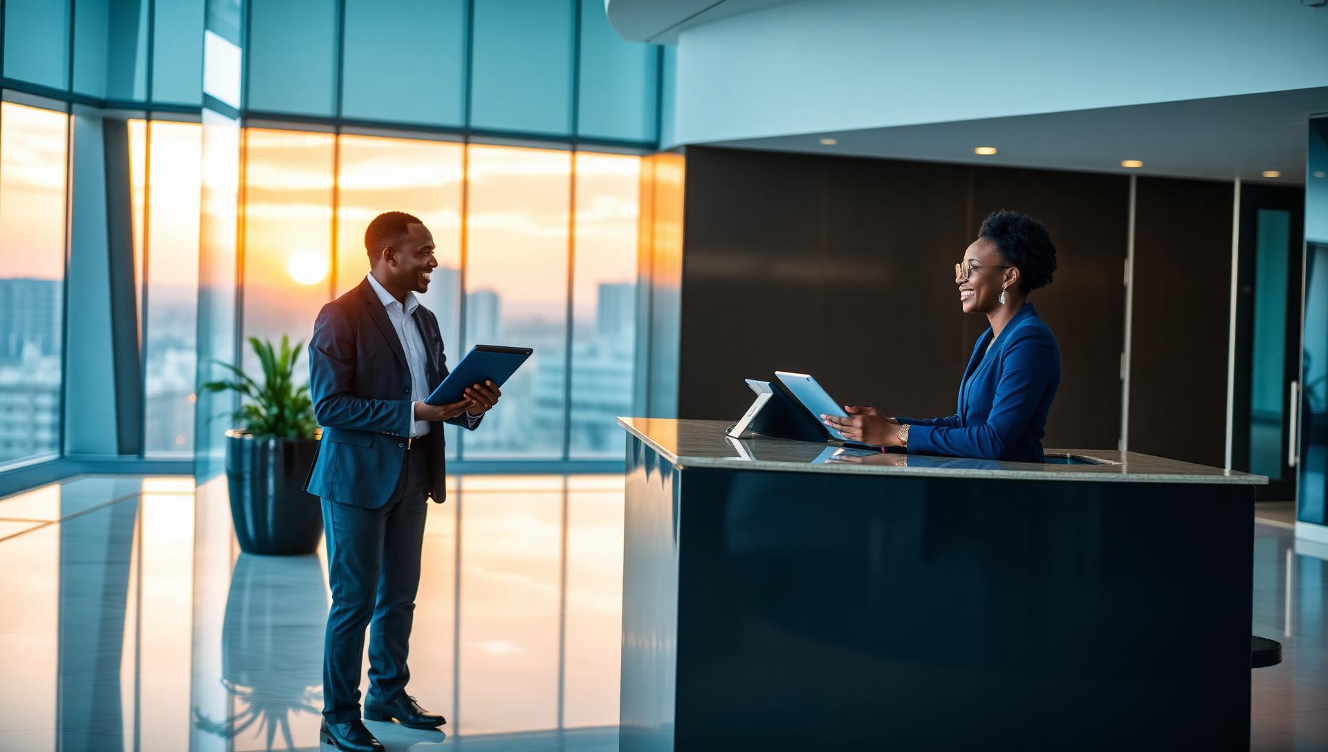 African receptionist welcoming a professional visitor at a modern front desk